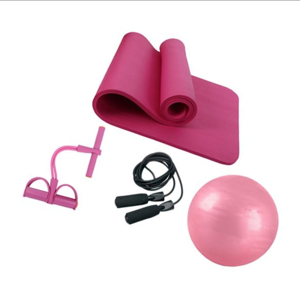 4-in-1 Fitness Premium Yoga Mat, Pilates Ball, Ankle Puller, Jump Rope Set - (Pink)