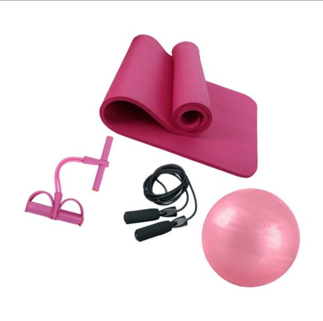 4-in-1 Fitness Premium Yoga Mat, Pilates Ball, Ankle Puller, Jump Rope Set - (Pink)
