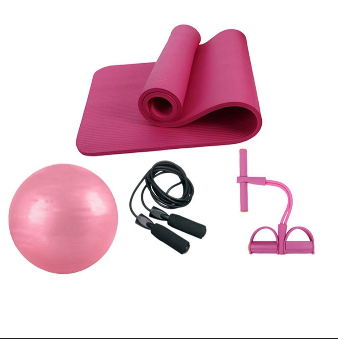 4-in-1 Fitness Premium Yoga Mat, Pilates Ball, Ankle Puller, Jump Rope Set - (Pink)